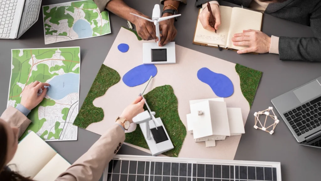 Team analyzing maps for environmental and social impact studies