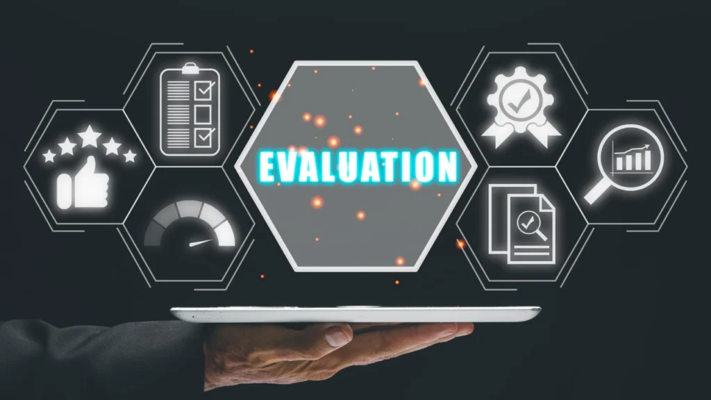 Hexagonal dashboard showing monitoring and evaluation symbols